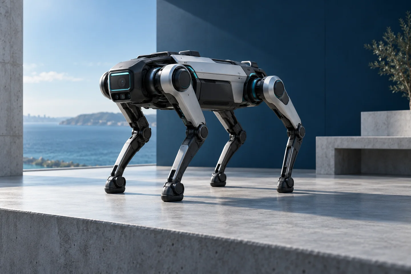 Concept artwork of a four-legged inspection robot on a studio platform